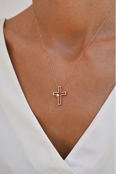 Σετ Σταυρός με Αλυσίδα Ροζ Χρυσός 14Κ Heart 7039