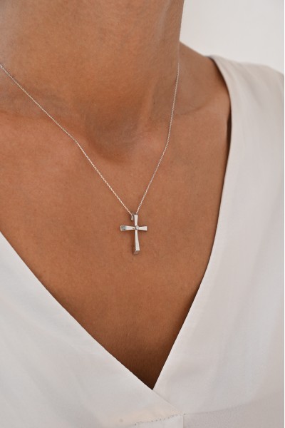 Σετ Σταυρός με Αλυσίδα Λευκόχρυσος 14Κ Minimal 7048
