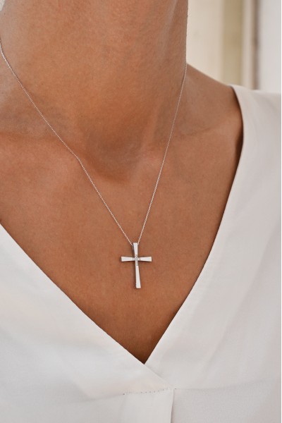 Σετ Σταυρός με Αλυσίδα Λευκόχρυσος 14Κ Μασίφ Minimal 7052