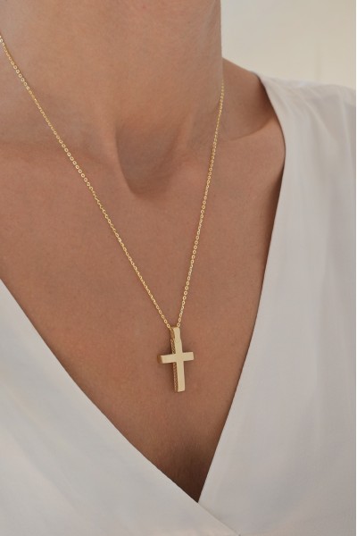 Σετ Σταυρός με Αλυσίδα Χρυσός 14Κ Λουστρέ Διπλής Όψης 7088