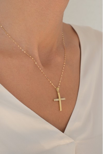 Σετ Σταυρός με Αλυσίδα Χρυσός 14Κ Πετράτος 7090