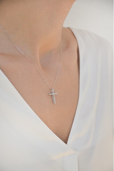 Σετ Σταυρός με Αλυσίδα Λευκόχρυσος 14Κ Πετράτος 7115