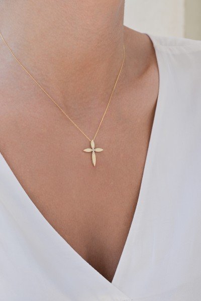 Σετ Σταυρός με Αλυσίδα Χρυσός 14Κ Flower 7443