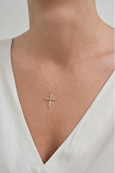 Σετ Σταυρός με Αλυσίδα Χρυσός 14Κ Flower 7447